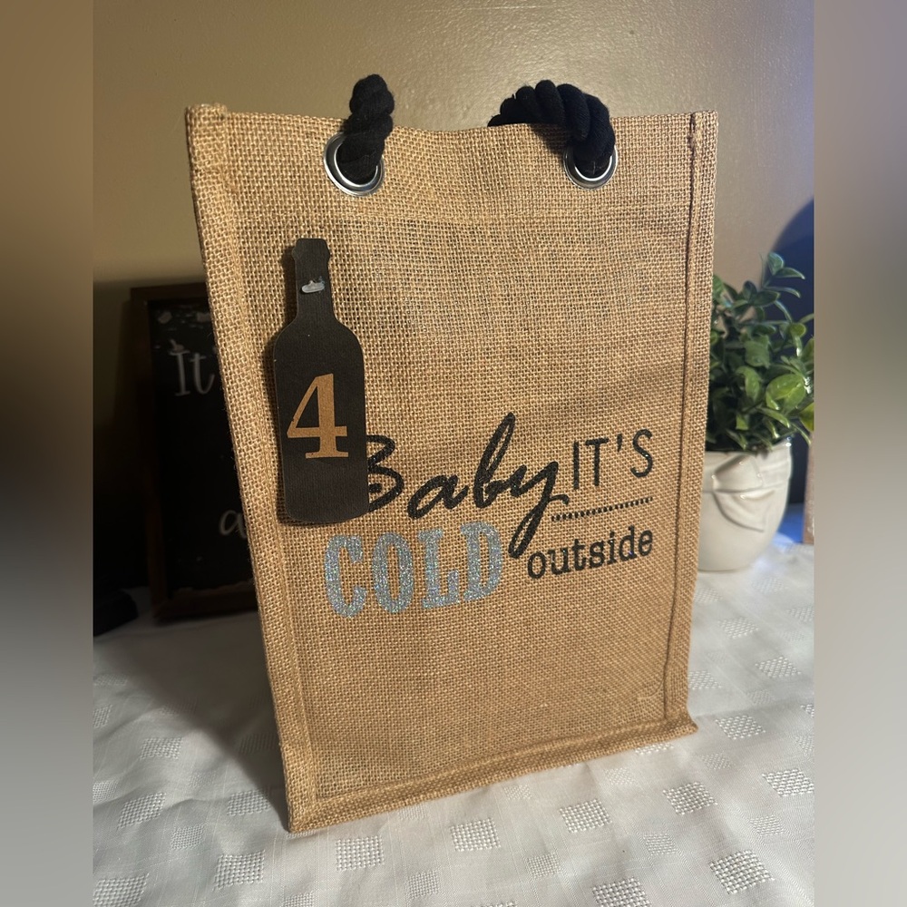 Baby its Cold Outside 4 bottle jute burlap tote gift Bag -Natural
